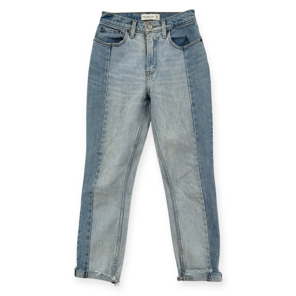 Abercrombie & Fitch High‎ Rise Mom Jeans Womens 00 / 24 Patch 2 Tone Blue Denim